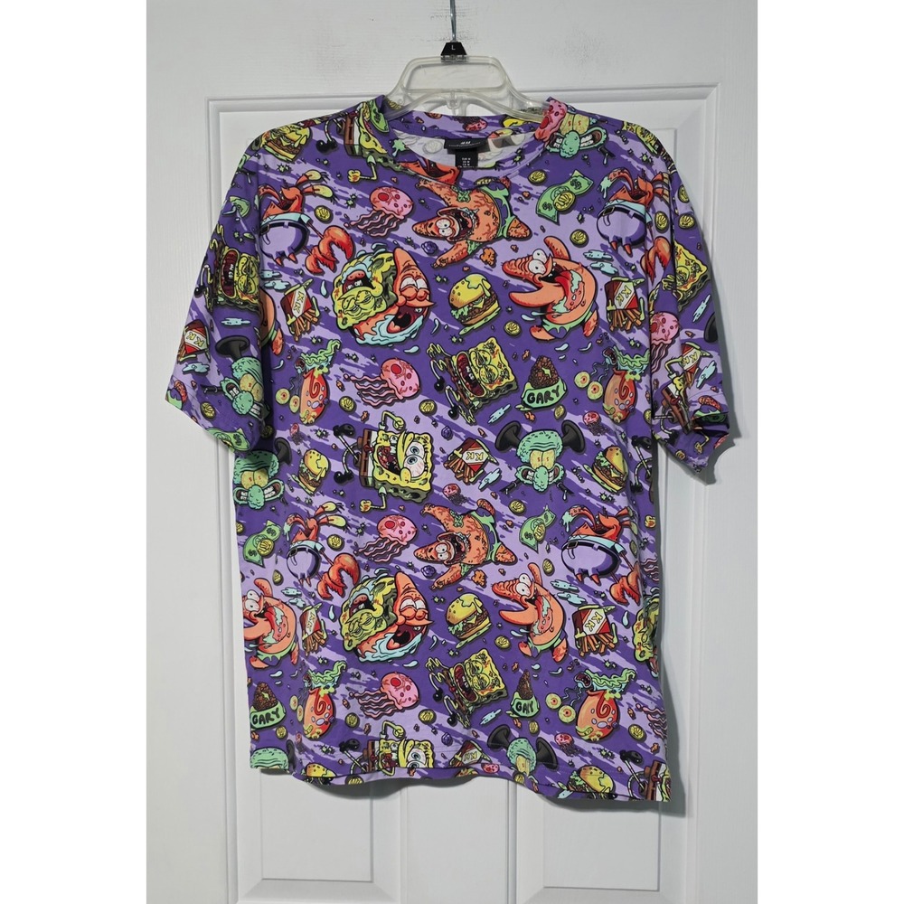 H&M SpongeBob SquarePants All Over Print Relaxed Fit T-Shirt Purple Mens Medium